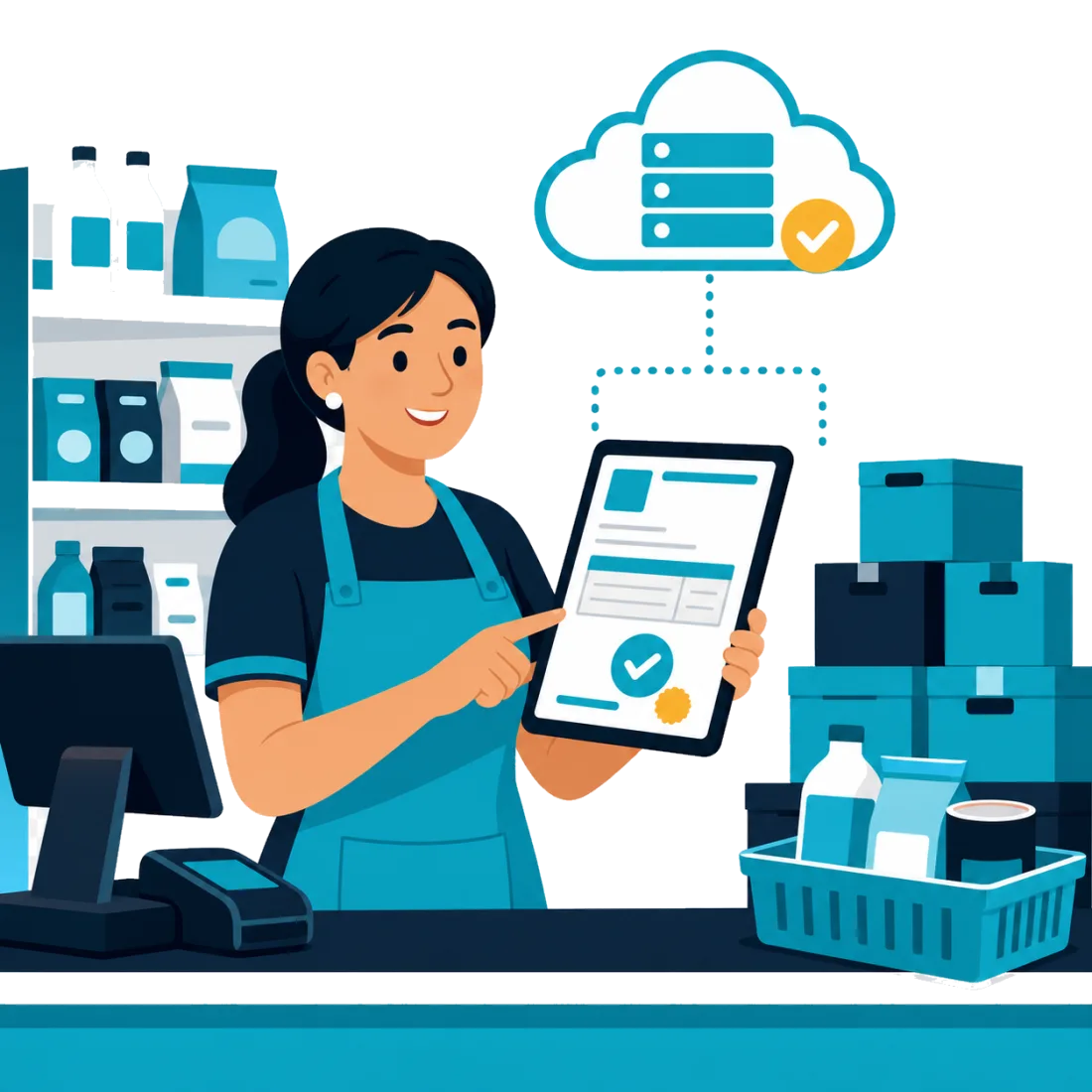 Due&ntilde;a de minimarket mostrando una factura electr&oacute;nica aprobada en su tablet, conectada a la nube